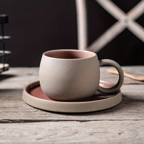 Retro Colorblock Insulated Ceramic Coffee Mug and Saucer Set