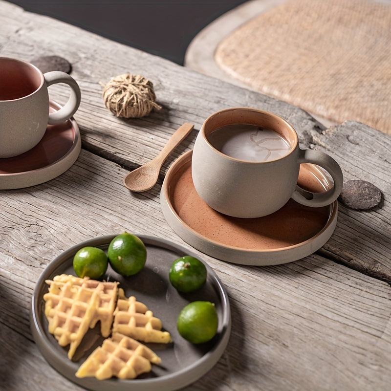 Retro Colorblock Insulated Ceramic Coffee Mug and Saucer Set