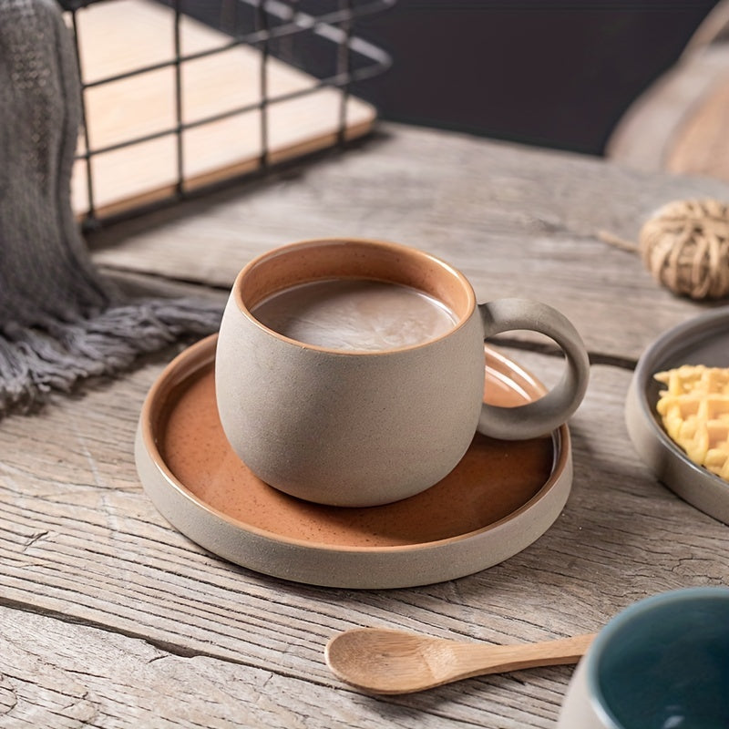 Retro Colorblock Insulated Ceramic Coffee Mug and Saucer Set