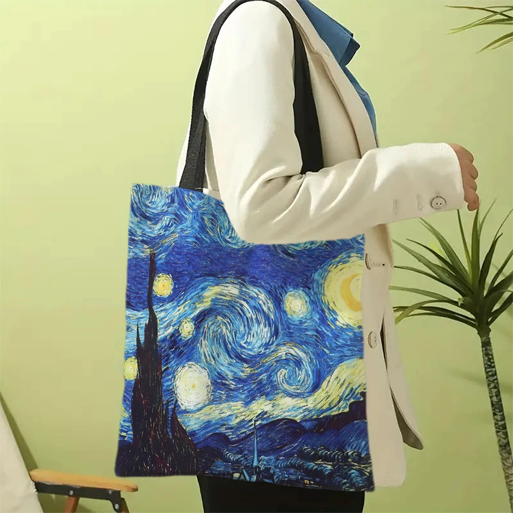 Van Gogh Series Linen Bag Oil Painting Starry Night Sunflower Apricot