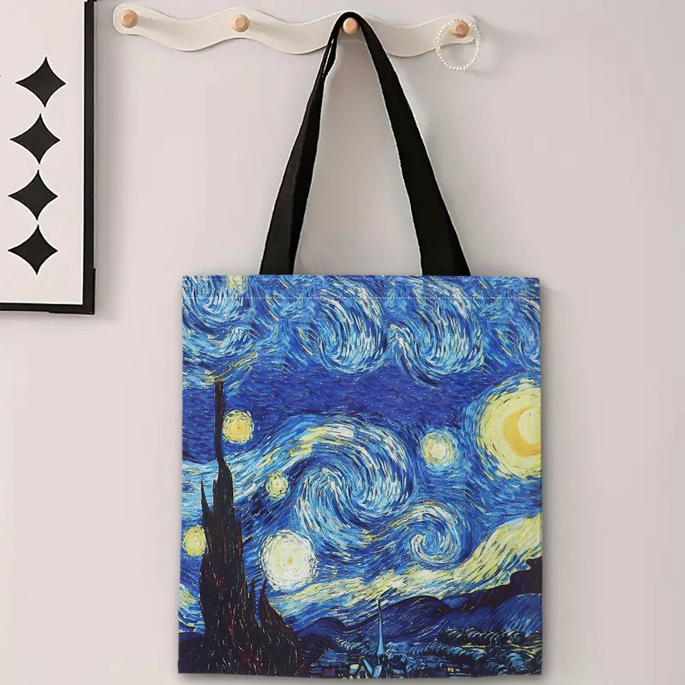 Van Gogh Series Linen Bag Oil Painting Starry Night Sunflower Apricot